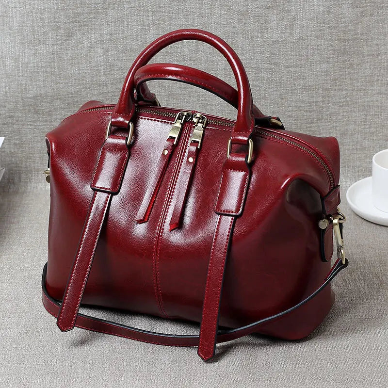 Retro Handheld Cowhide Leather Women's Boston Bag