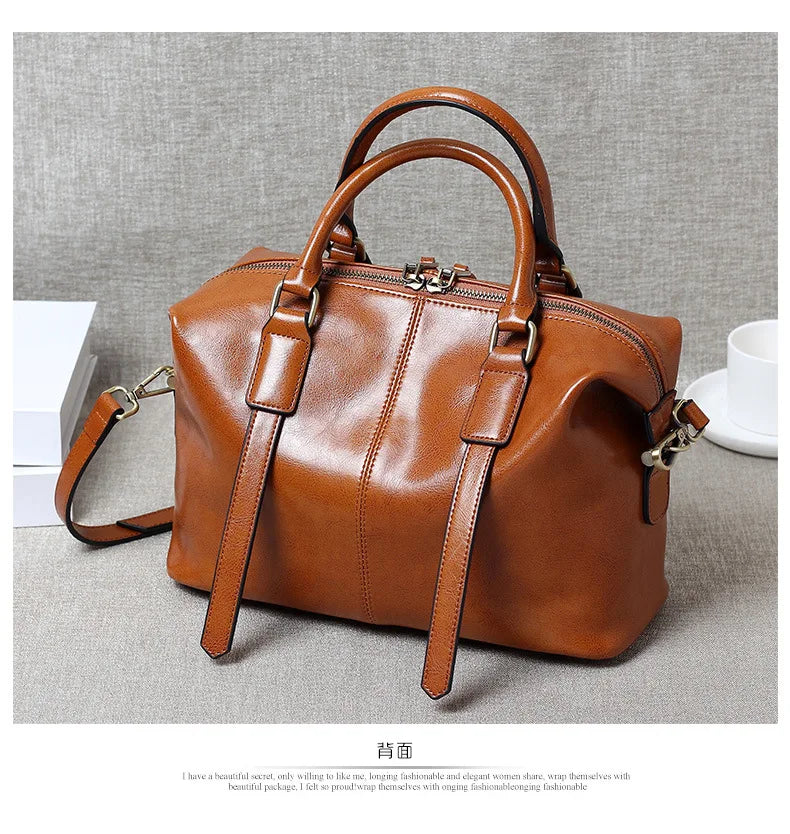 Retro Handheld Cowhide Leather Women's Boston Bag