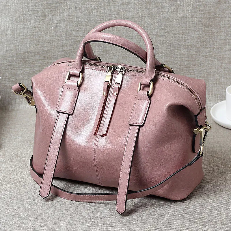 Retro Handheld Cowhide Leather Women's Boston Bag