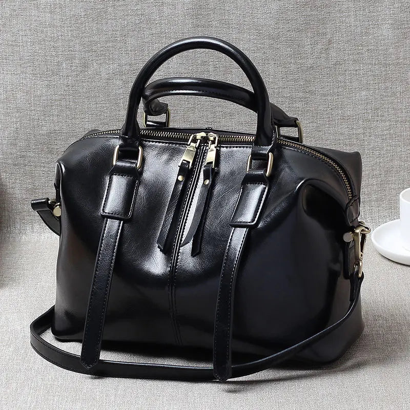 Retro Handheld Cowhide Leather Women's Boston Bag